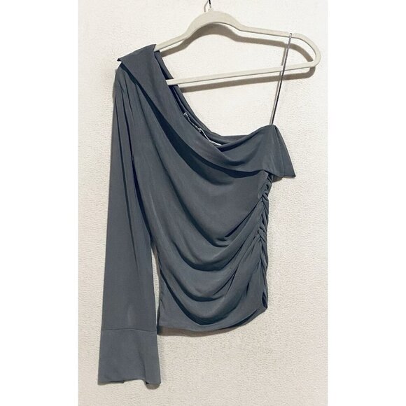 Zara Top Womens Medium Gray One Sleeve Ruched Mesh Asymmetrical Sheer Drapey - Picture 1 of 7